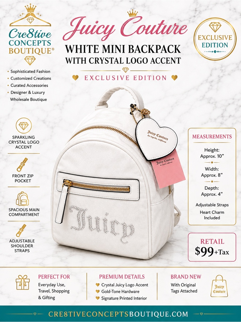 Juicy Couture 2PC White Velour Mini Backpack & Heart Charm NWT - Picture 2 of 4